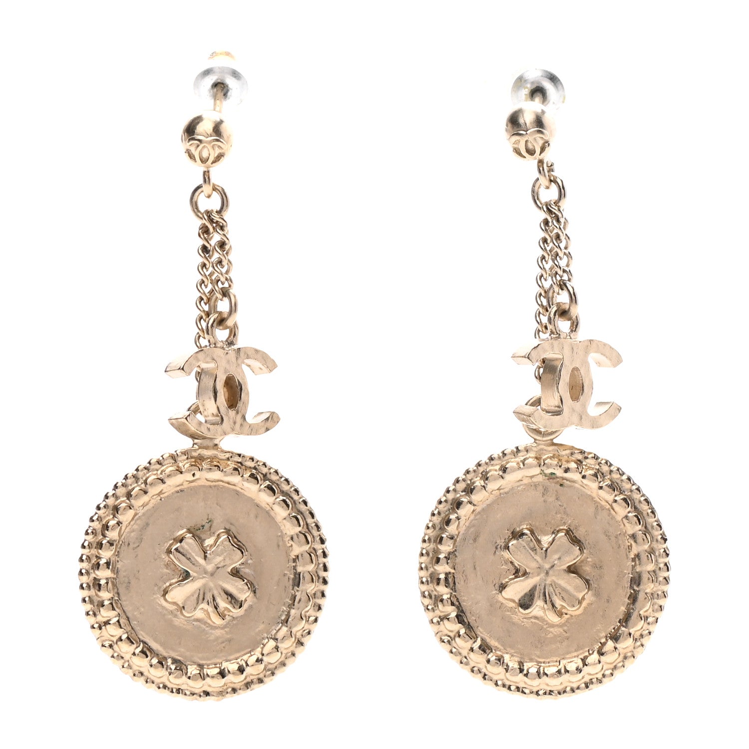 Chanel Medallion Clover CC Drop Earrings Light Gold 1 of 3