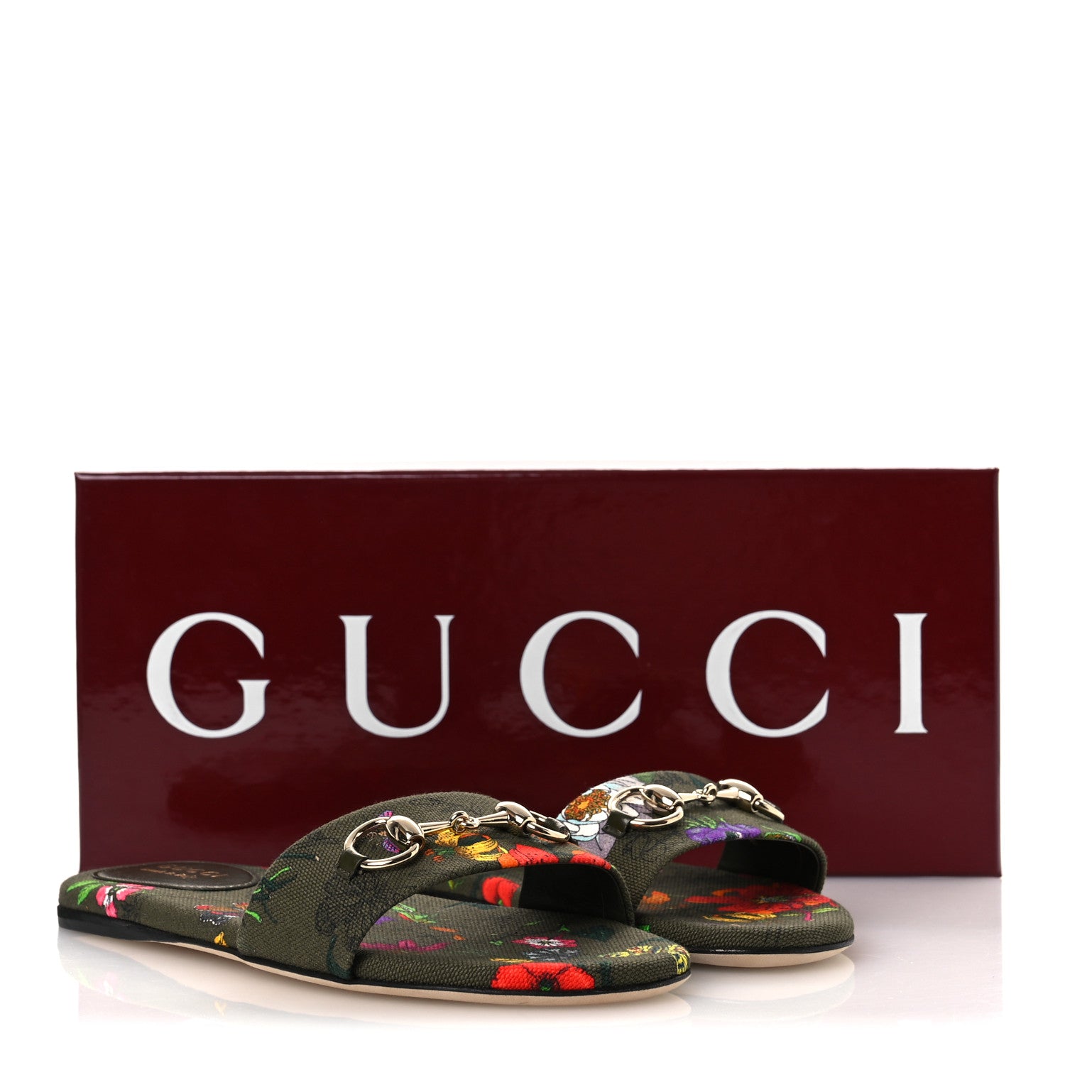 Gucci Canvas Flora Floral Horsebit Slide Sandals 36 Green 11 of 11