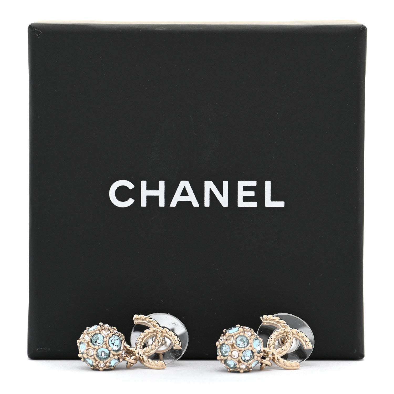 Chanel Crystal CC Drop Earrings Gold Blue 5 of 5