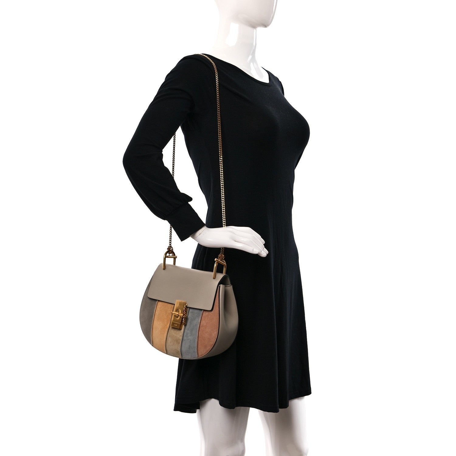 Chloe Suede Calfskin Striped Patchwork Drew Shoulder Bag Grey Multicolor 2 of 8