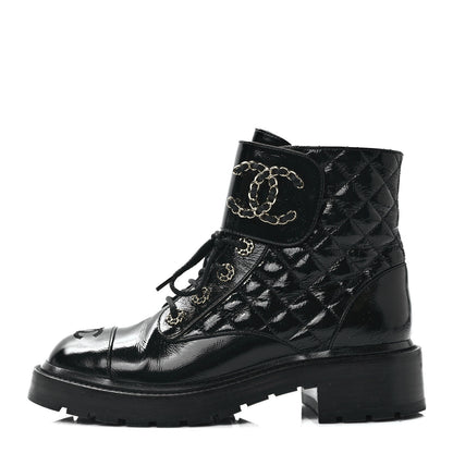 Chanel Shiny Calfskin Quilted Lace Up Combat Boots 38 Black 1 of 9