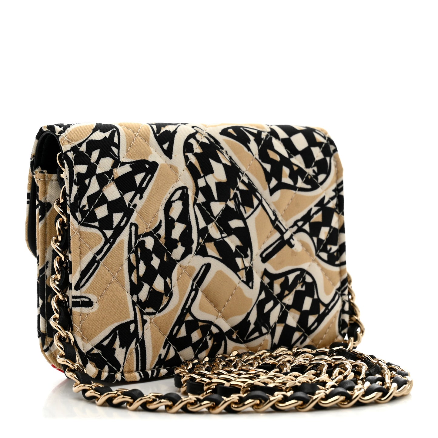 Canvas Check Flag Printed CC Clutch With Chain Beige Multicolor