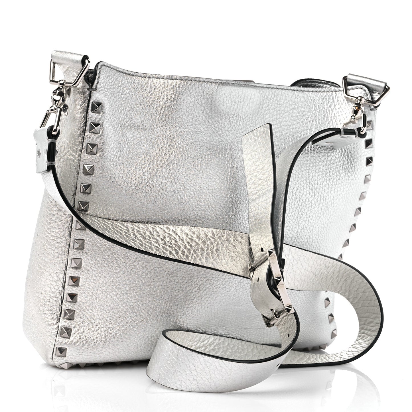 Metallic Pebbled Calfskin Small Rockstud Flip-Lock Messenger Bag Silver