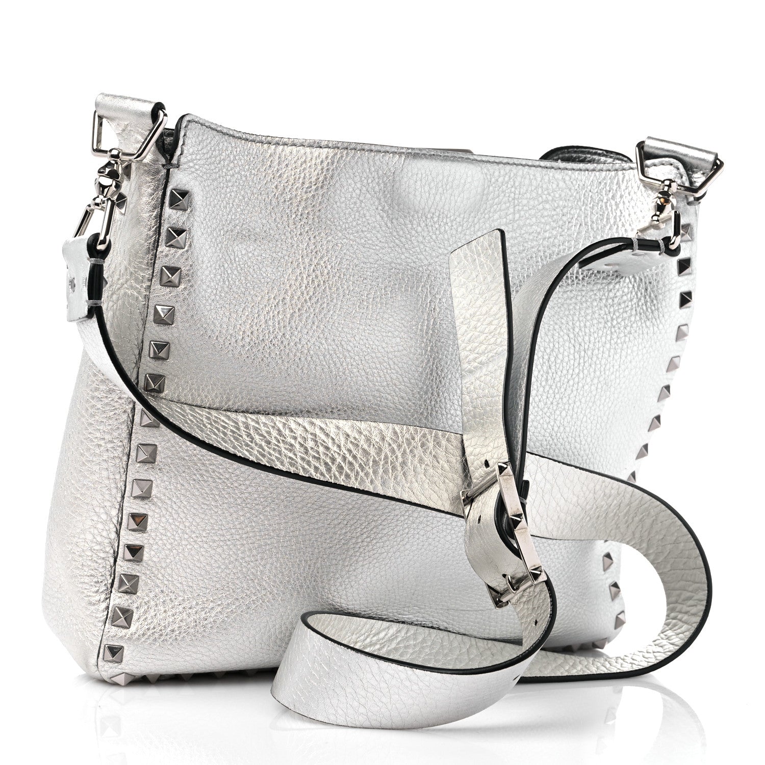 Valentino Garavani Metallic Pebbled Calfskin Small Rockstud Flip-Lock Messenger Bag Silver 3 of 12