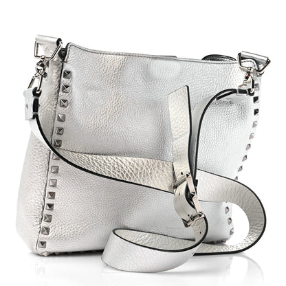 Valentino Garavani Metallic Pebbled Calfskin Small Rockstud Flip-Lock Messenger Bag Silver 3 of 12
