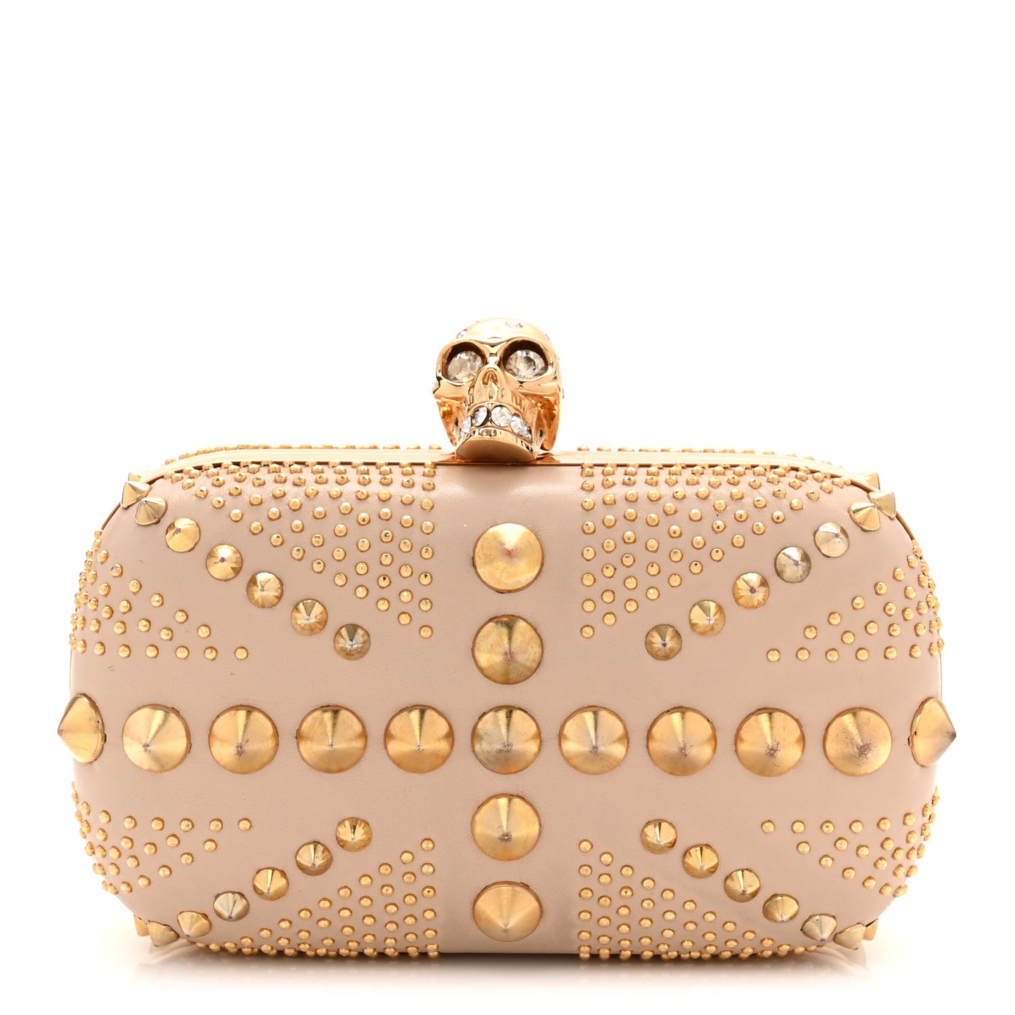 Calfskin Studded Britannia Skull Box Clutch Beige
