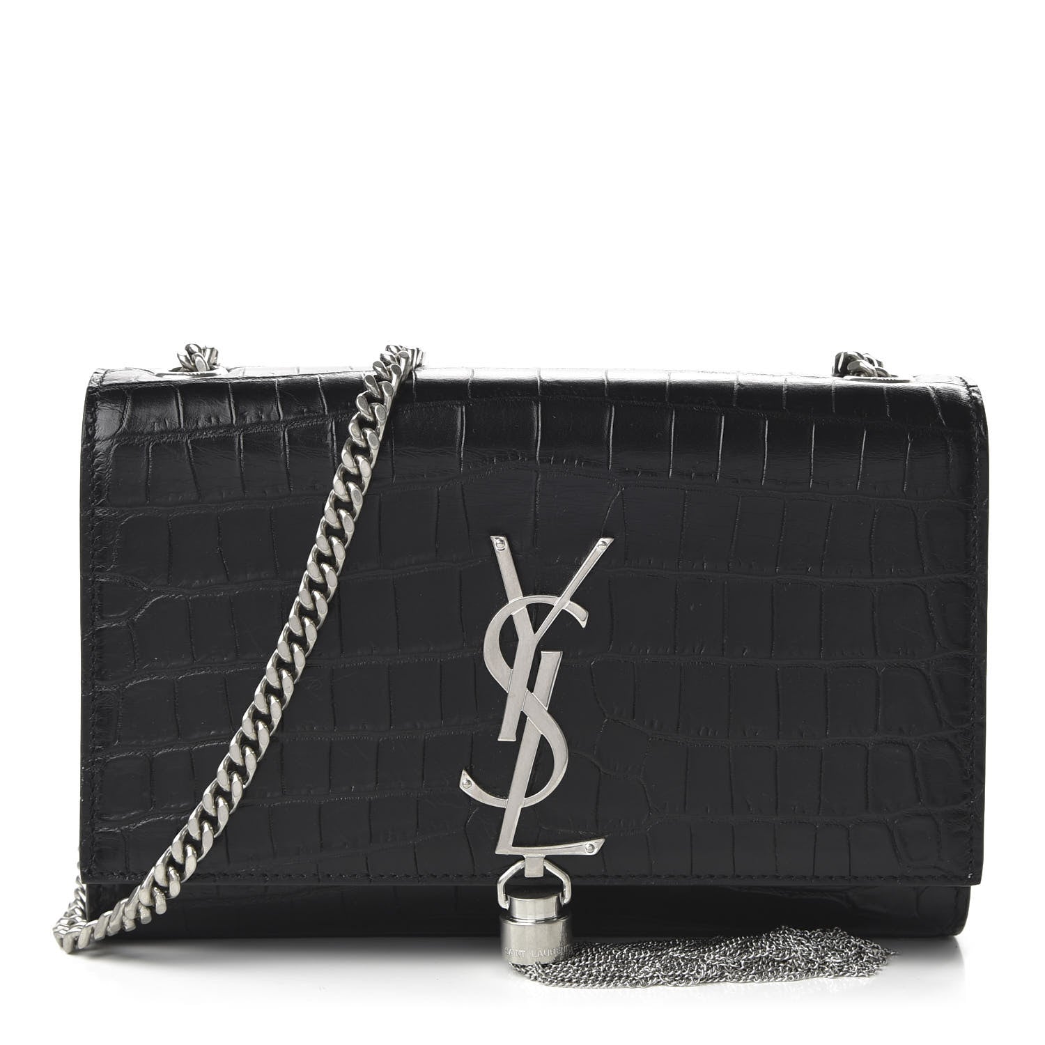 Saint Laurent Calfskin Crocodile Embossed Small Classic Monogram Kate Tassel Satchel Black 1 of 9