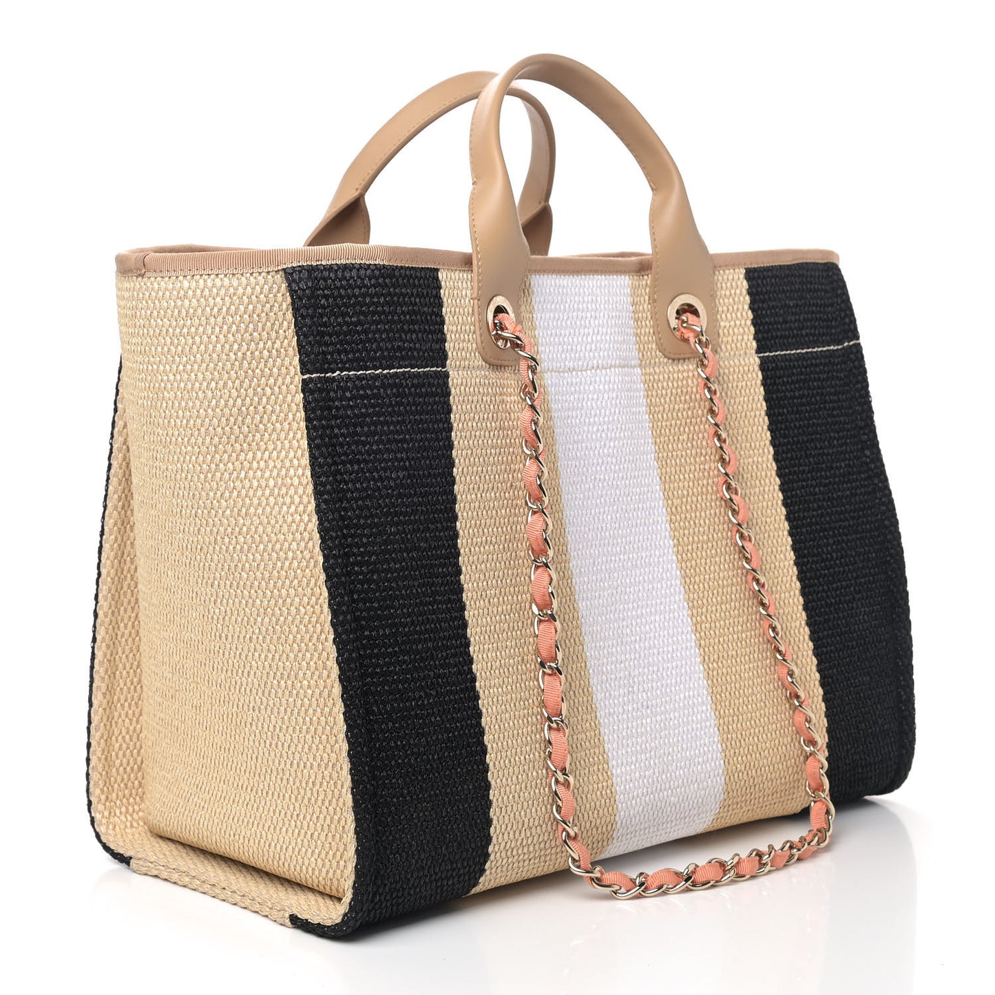 Straw Raffia Calfskin Striped Medium Deauville Tote Black Beige Ivory