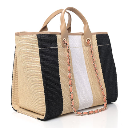Chanel Straw Raffia Calfskin Striped Medium Deauville Tote Black Beige Ivory 2 of 5