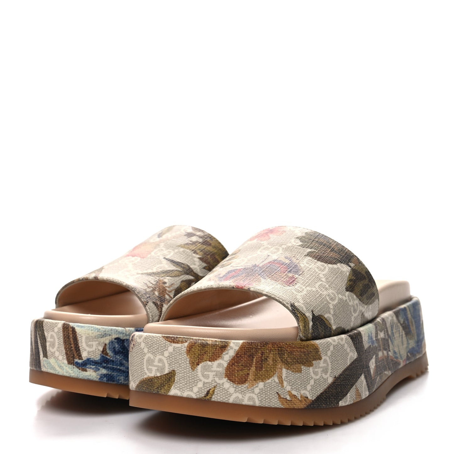 GG Supreme Monogram Water Flora Angelina Platform Slide Sandals 36 Beige White Multicolor