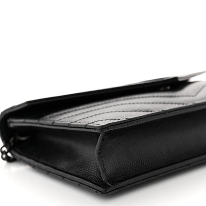 Saint Laurent Grain De Poudre Matelasse Chevron Monogram Monochrome Envelope Chain Wallet Black 8 of 9