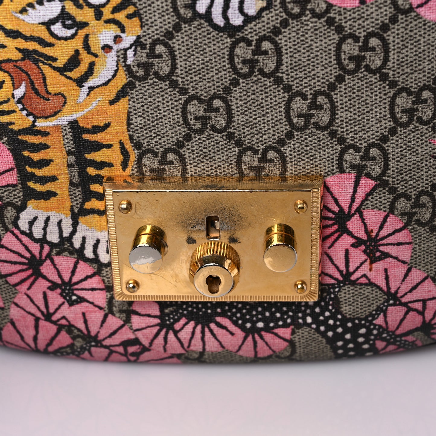 GG Supreme Monogram Bengal Web Medium Padlock Messenger Shoulder Bag Beige Pink