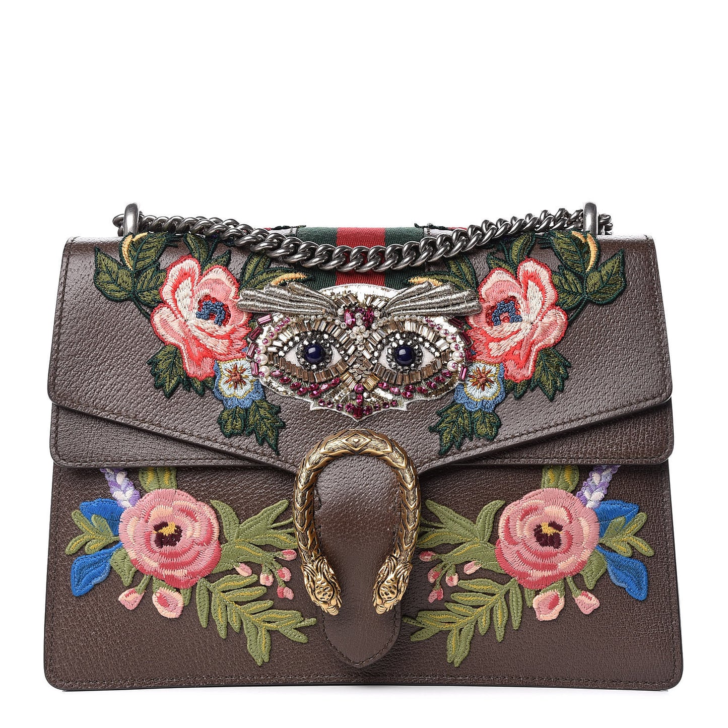 Calfskin Web Owl Embroidered Medium Dionysus Shoulder Bag New Acero Multicolor