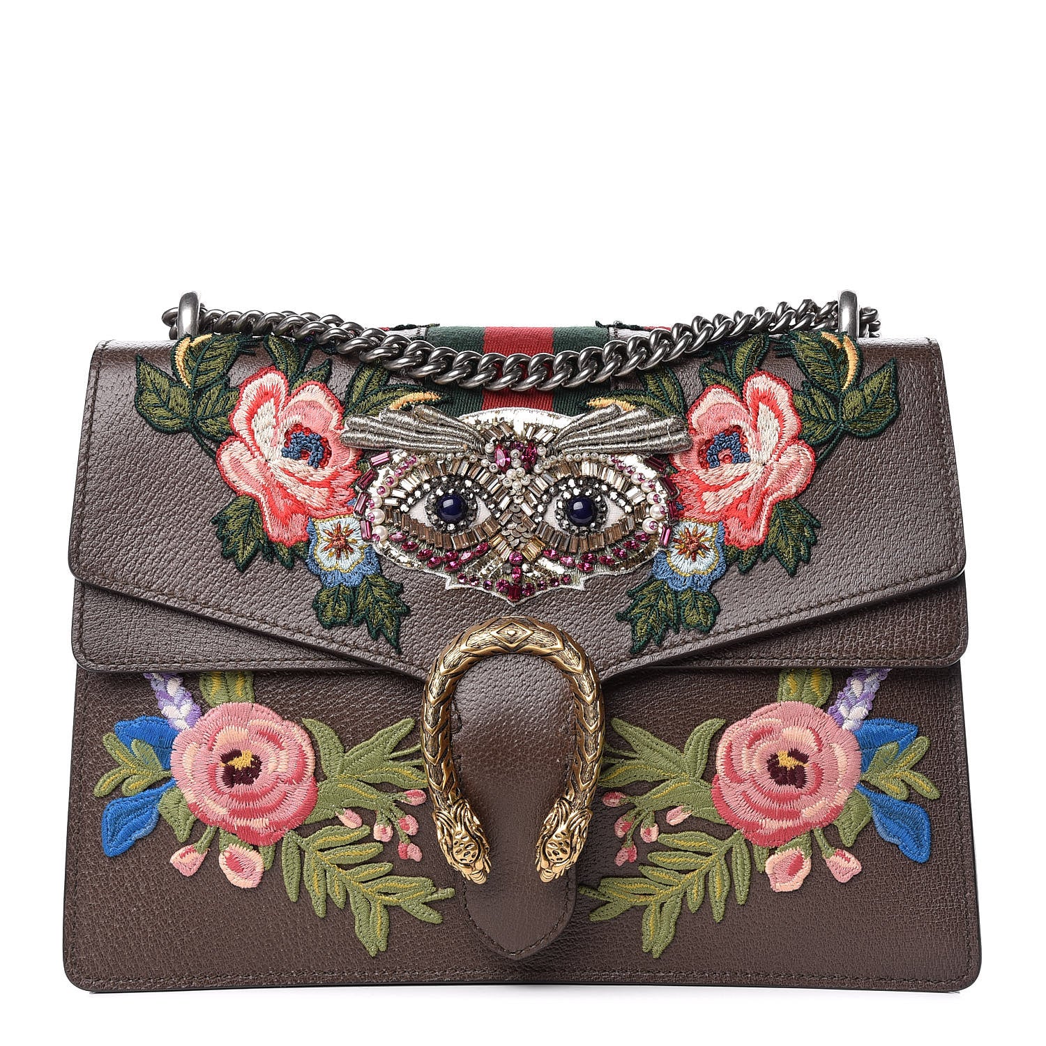 Gucci Calfskin Web Owl Embroidered Medium Dionysus Shoulder Bag New Acero Multicolor 1 of 11