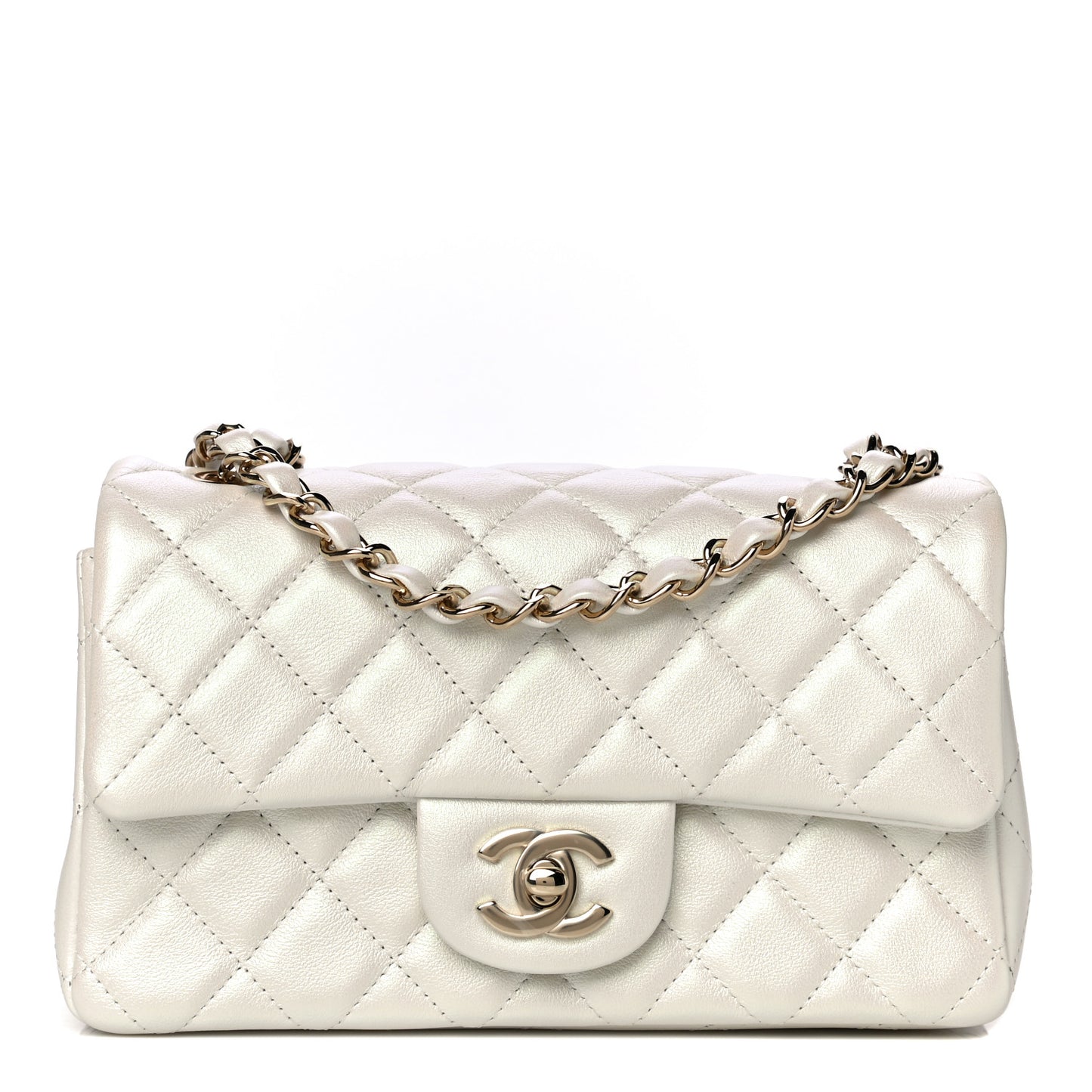 Iridescent Calfskin Quilted Mini Rectangular Flap White