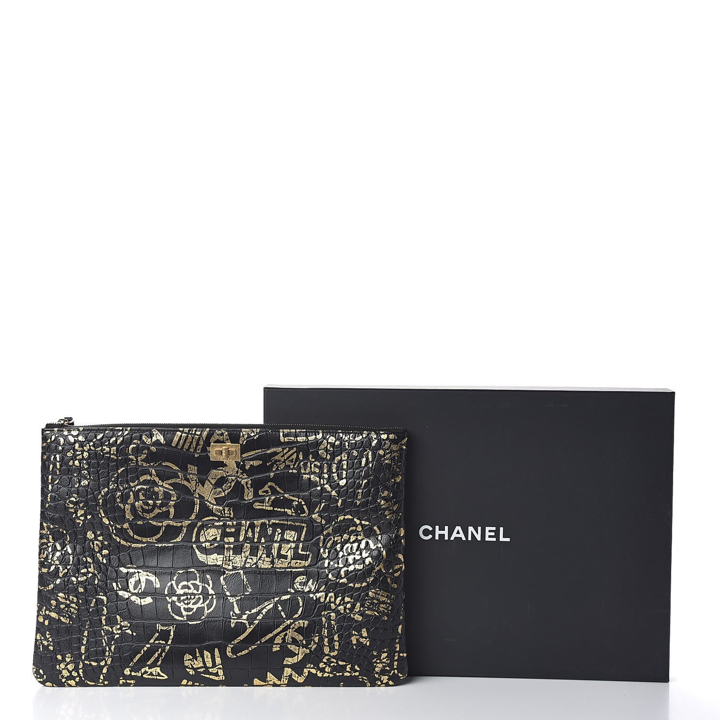 Calfskin Crocodile Embossed Graffiti 2.55 Large Cocodile Reissue Cosmetic Case Black Gold