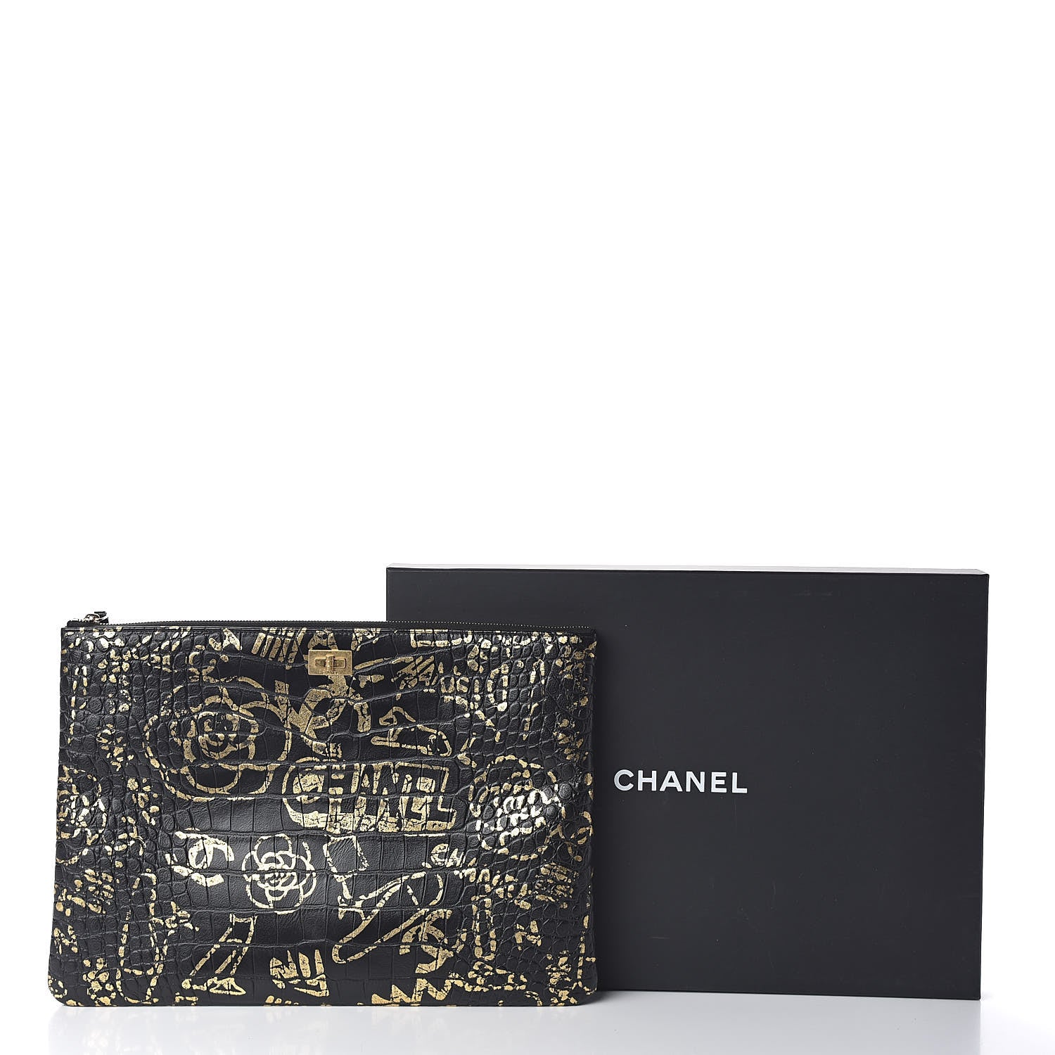 Chanel Calfskin Crocodile Embossed Graffiti 2.55 Large Cocodile Reissue Cosmetic Case Black Gold 11 of 11