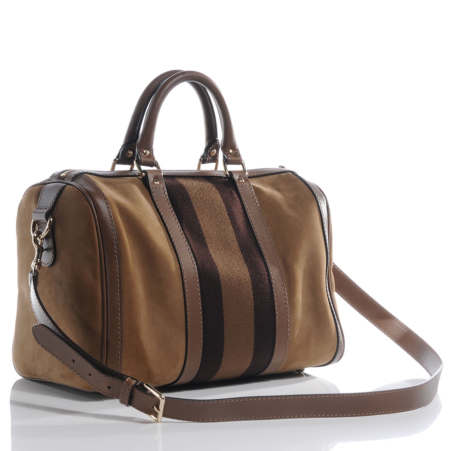 Gucci Nubuck Leather Vintage Web Medium Boston Light Brown 3 of 9