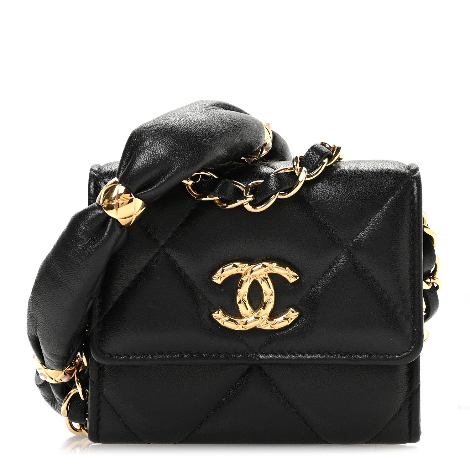 Chanel Lambskin Pearl Quilted CC Flap Card Holder With Chain  Black 1 of 11