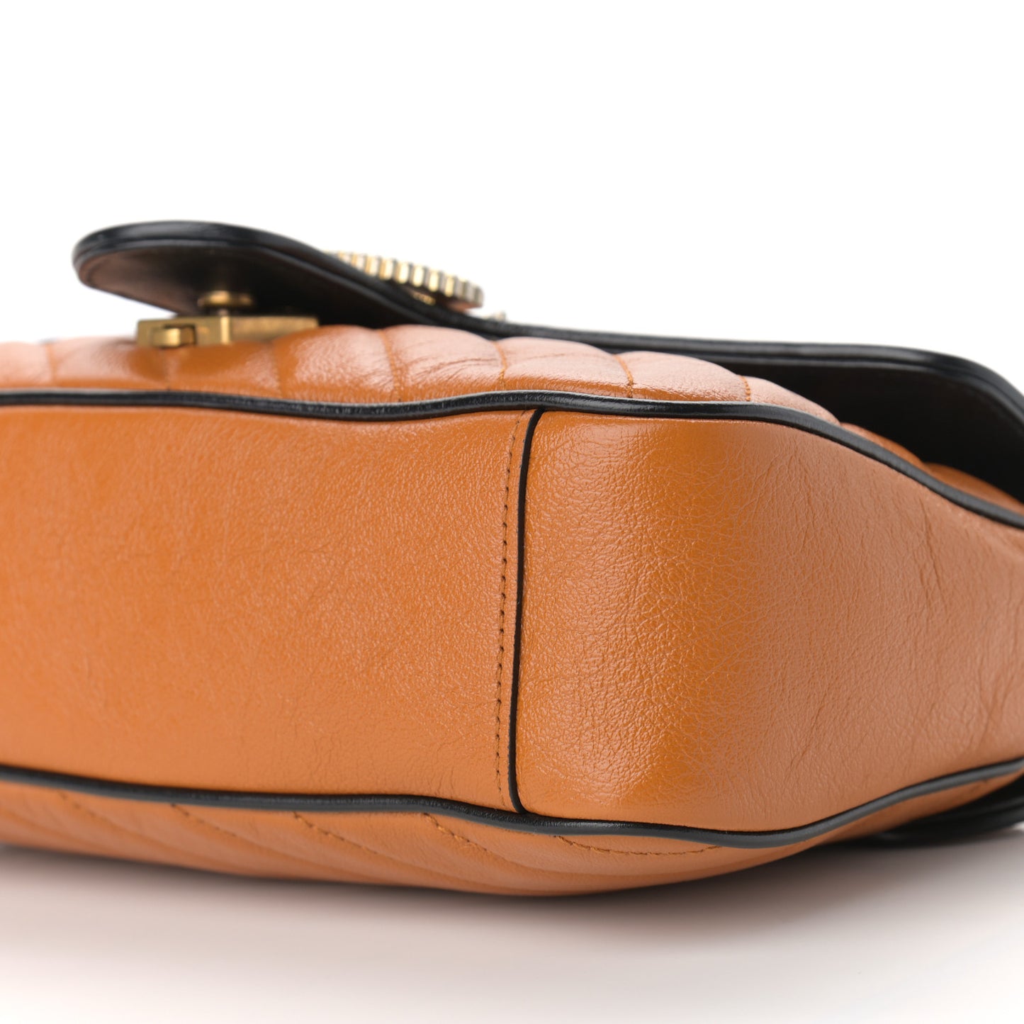 Vintage Effect Calfskin Matelasse Diagonal Small Torchon GG Marmont Shoulder Bag Cognac Black