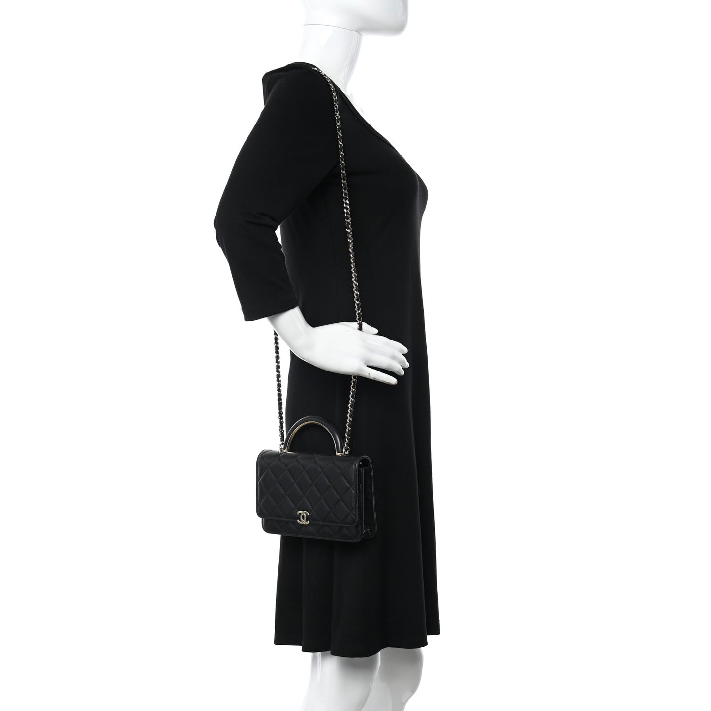Lambskin Quilted Top Handle Wallet On Chain WOC Black