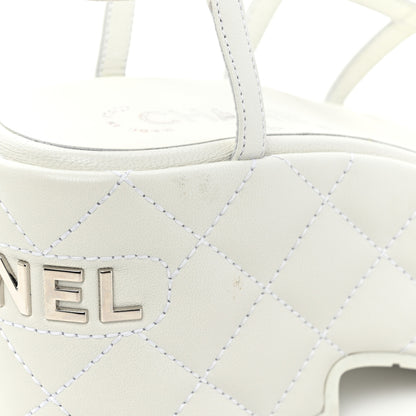 Chanel Calfskin Quilted Wedge Logo Sandals 36 White 10 of 12