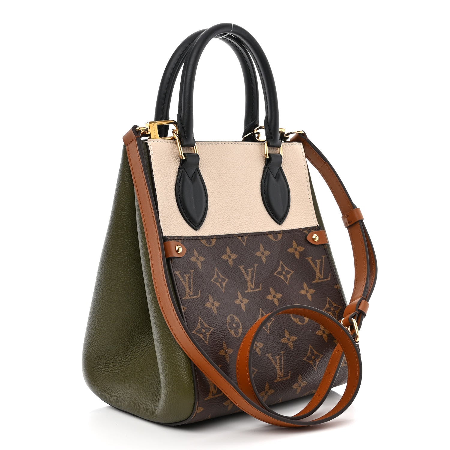 Louis Vuitton Calfskin Monogram Fold Tote PM Cream Khaki Black 3 of 9
