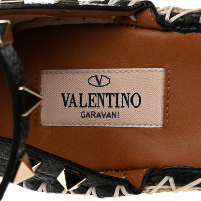 Valentino Garavani Grained Calfskin Rockstud Ankle Strap Espadrille 15/105mm Wedge Sandals 39 Black Light Cuir Natural 6 of 9