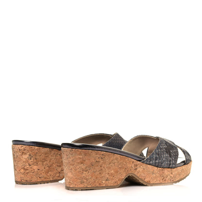 Jimmy Choo Metallic Snake Print Panna Cork Wedge Sandals 37 Anthracite 4 of 8