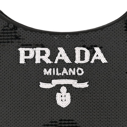Prada Paillettes Sequin Logo Cleo Adjustable Strap Shoulder Bag Black White 8 of 12