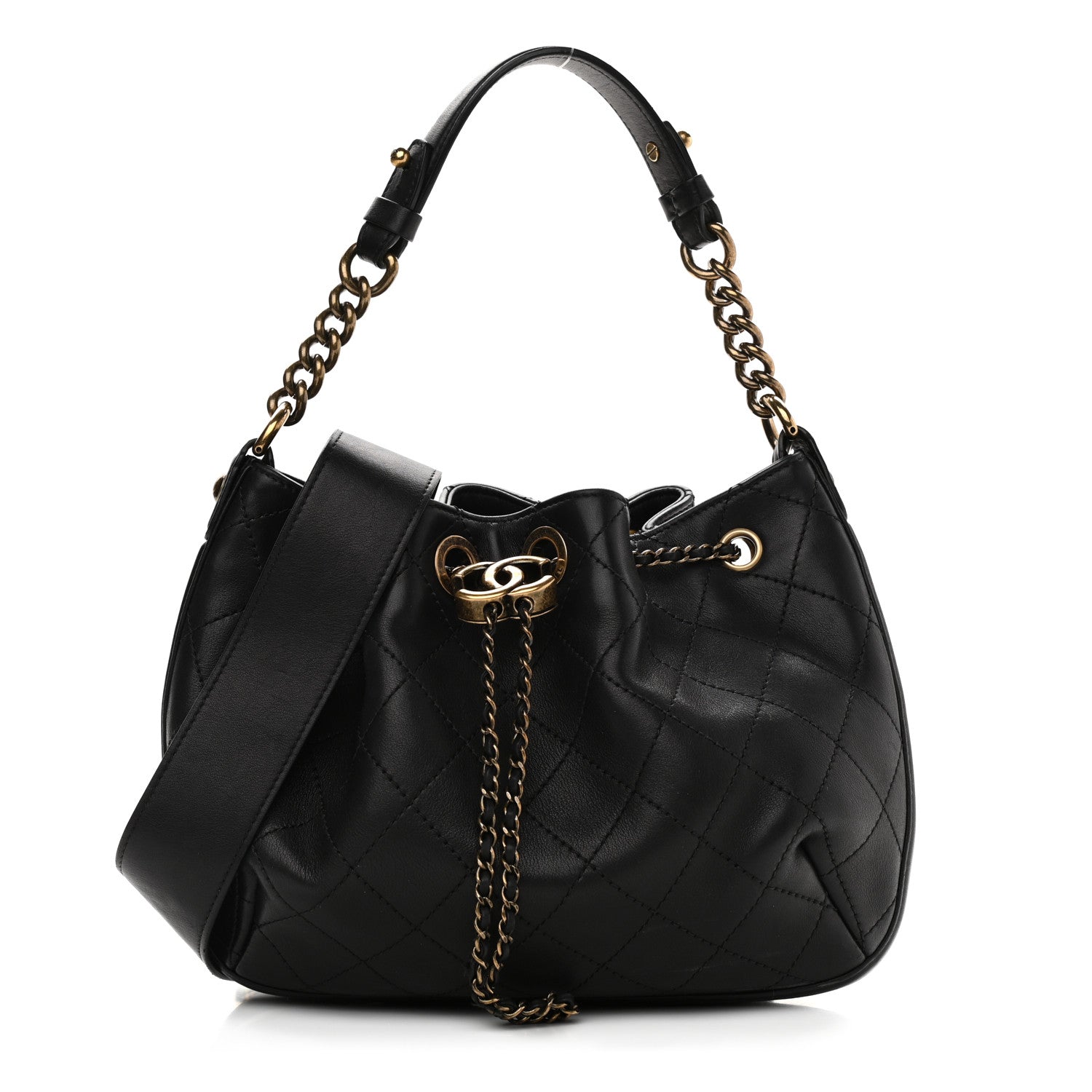 Chanel Calfskin Stitched Small Paris Rome Drawstring CC Bag Black 1 of 12