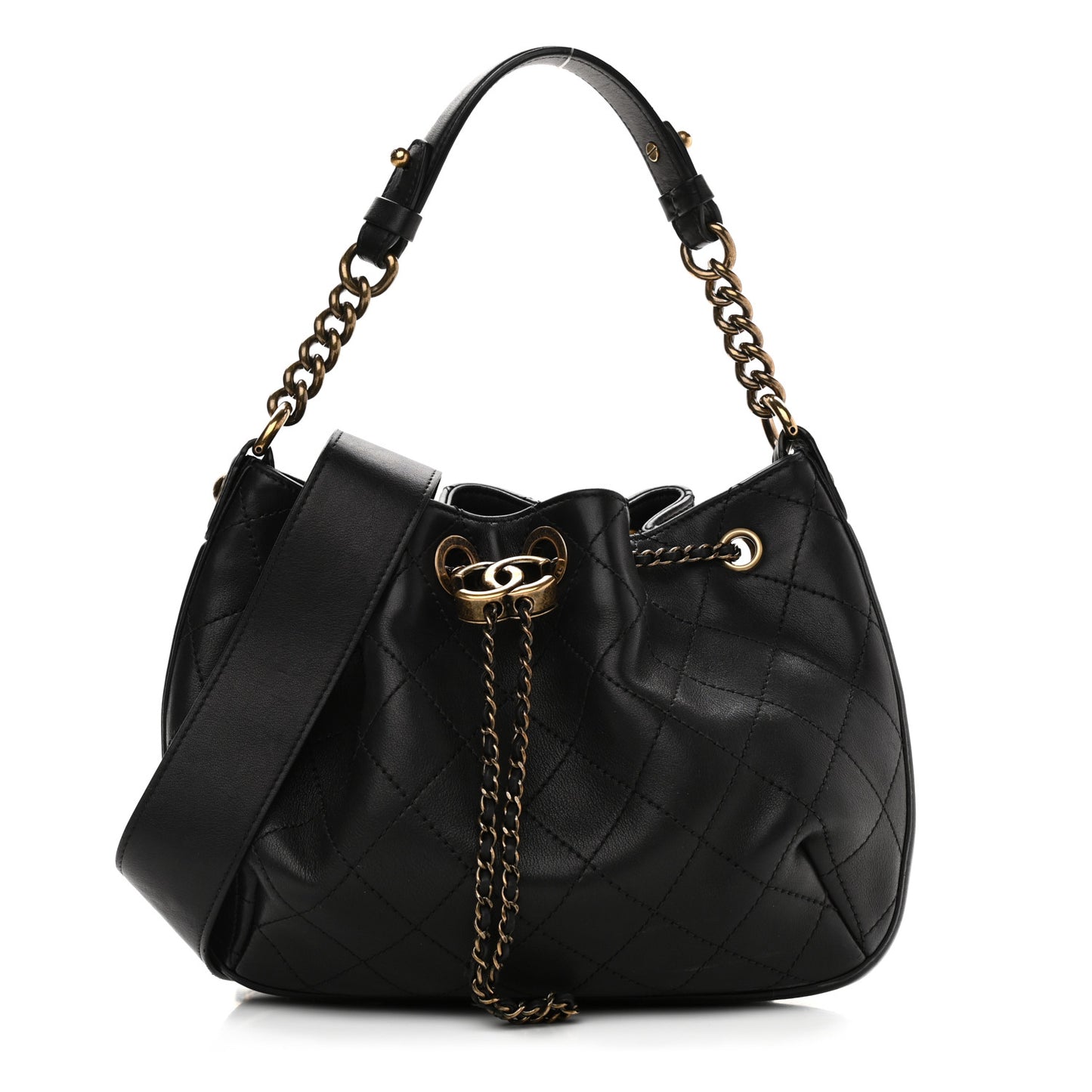 Calfskin Stitched Small Paris Rome Drawstring CC Bag Black