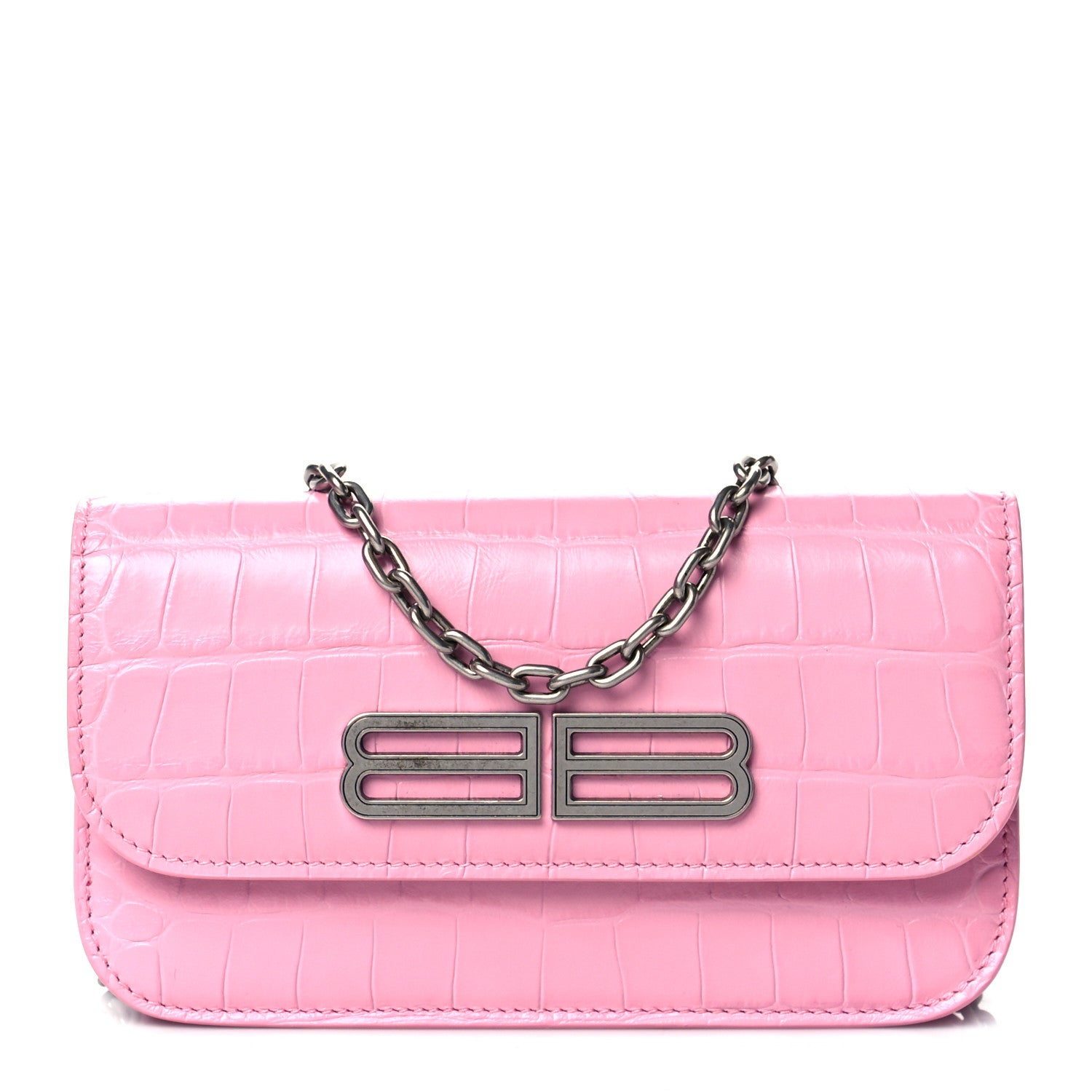 Balenciaga Extra Supple Calfskin Crocodile Embossed Gossip Wallet On Chain Candy Pink 1 of 10