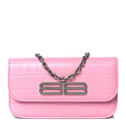 Balenciaga Extra Supple Calfskin Crocodile Embossed Gossip Wallet On Chain Candy Pink 1 of 10