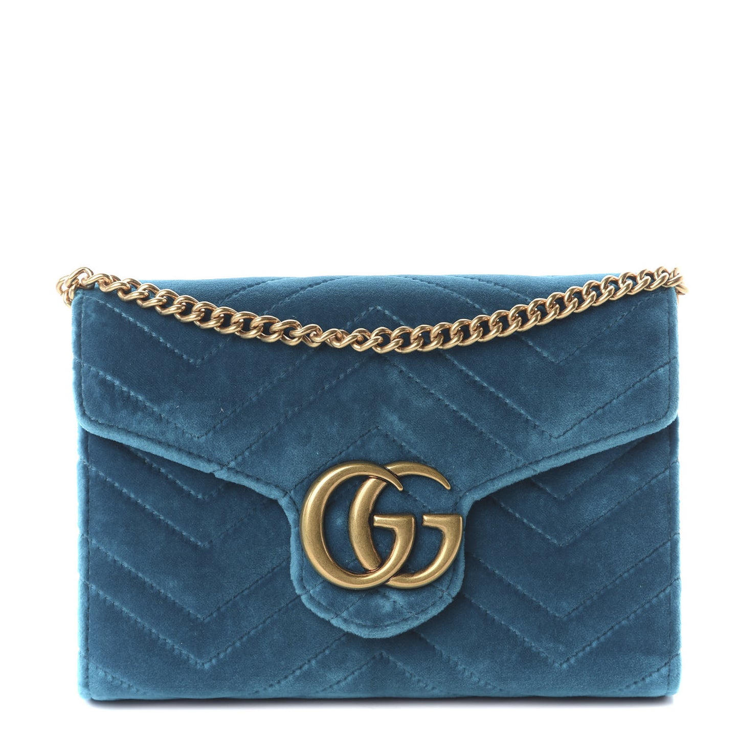 Velvet Matelasse GG Marmont Chain Wallet Pavone Cyan