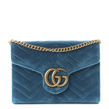 Gucci Velvet Matelasse GG Marmont Chain Wallet Pavone Cyan 1 of 7