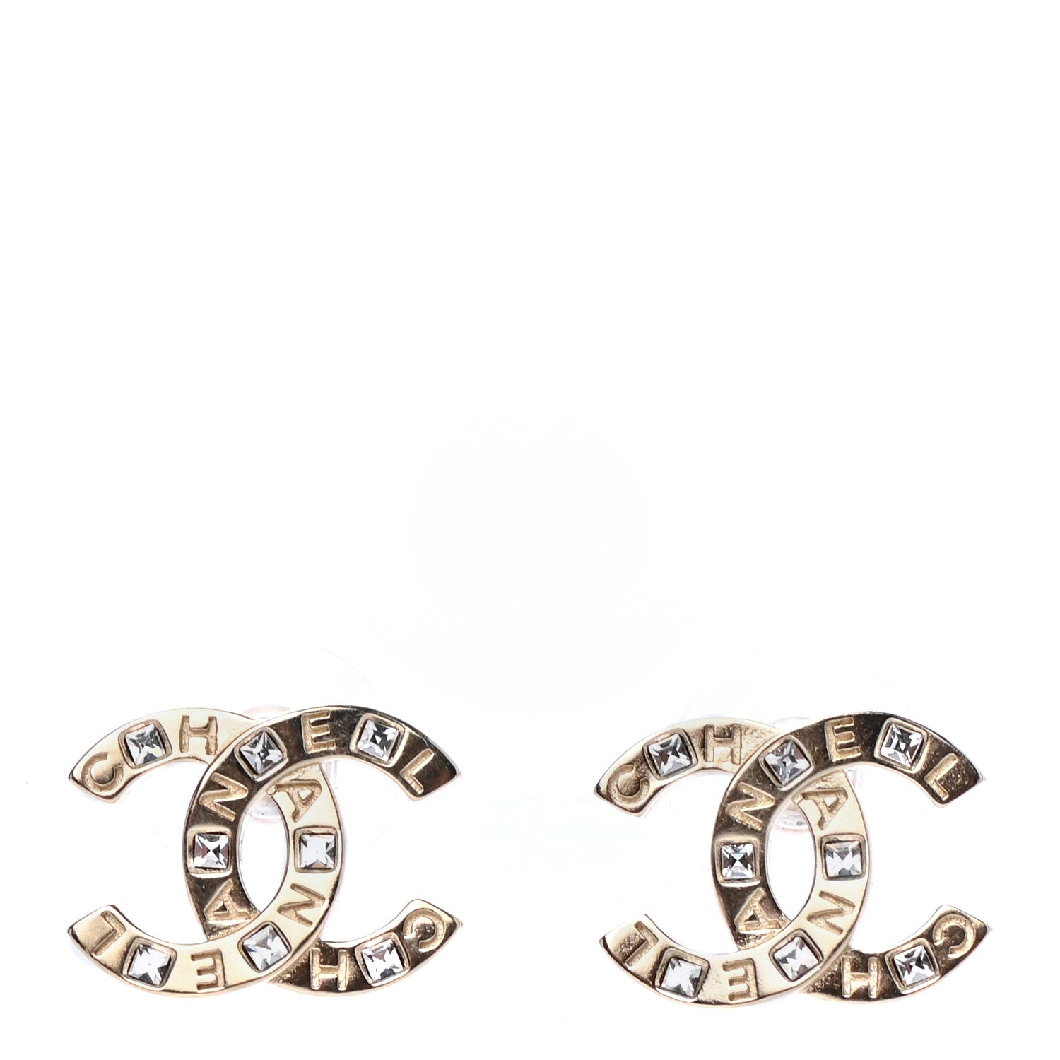 Chanel Crystal Metal CC Paris Button Stud Earrings Gold 1 of 4