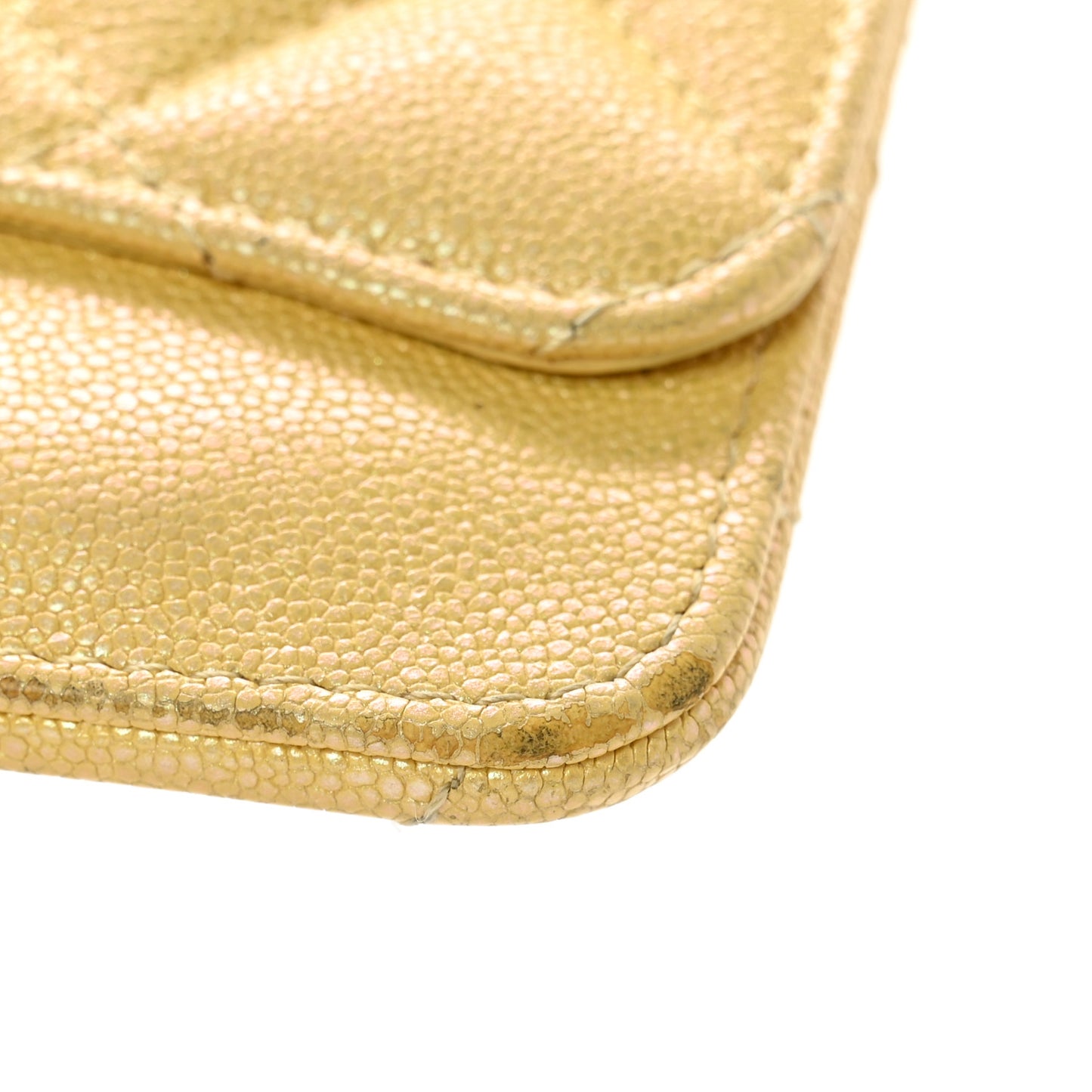 Iridescent Caviar Quilted Flap Zip Card Holder Yellow