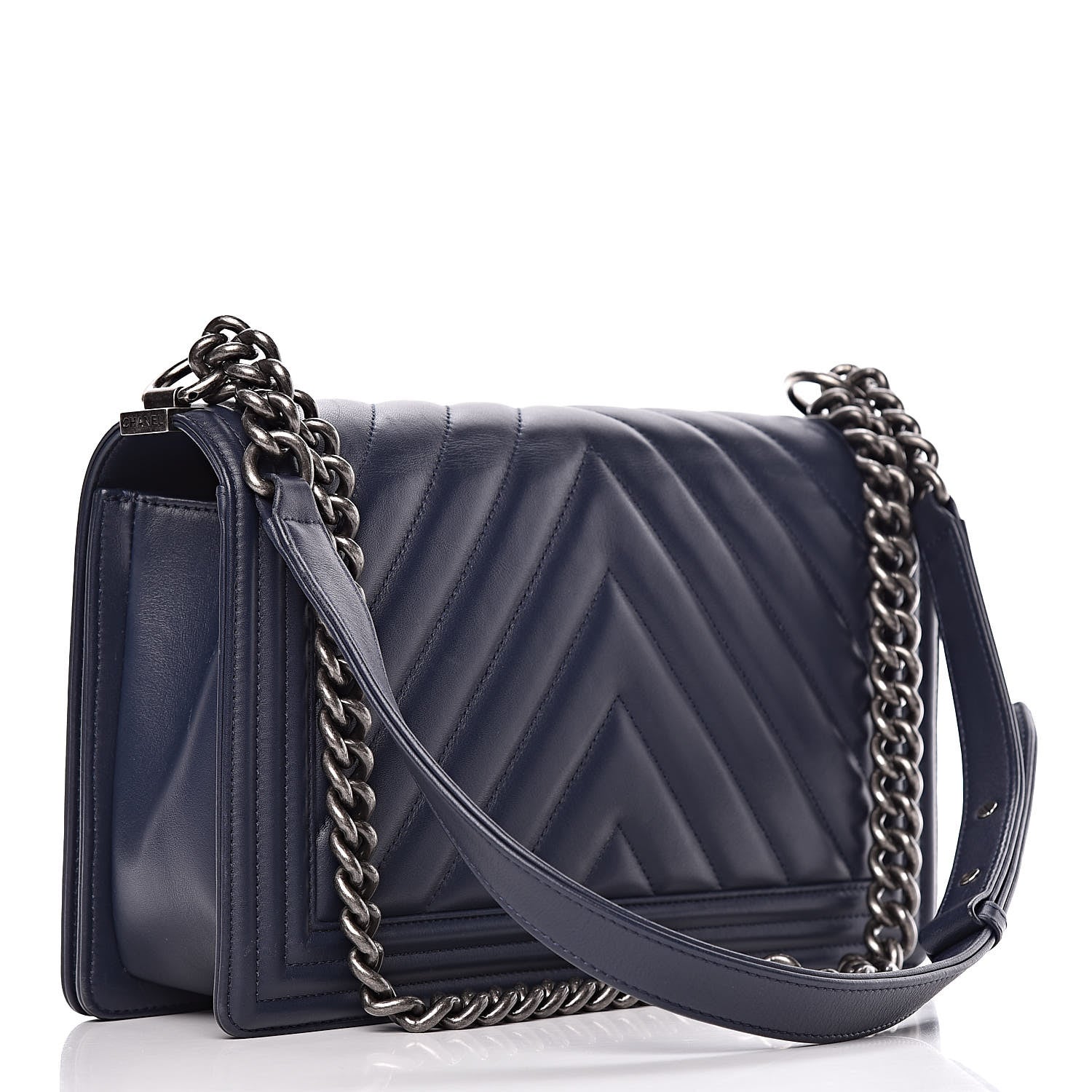 Chanel Calfskin Chevron Quilted New Medium Boy Flap Dark Navy Blue 3 of 10