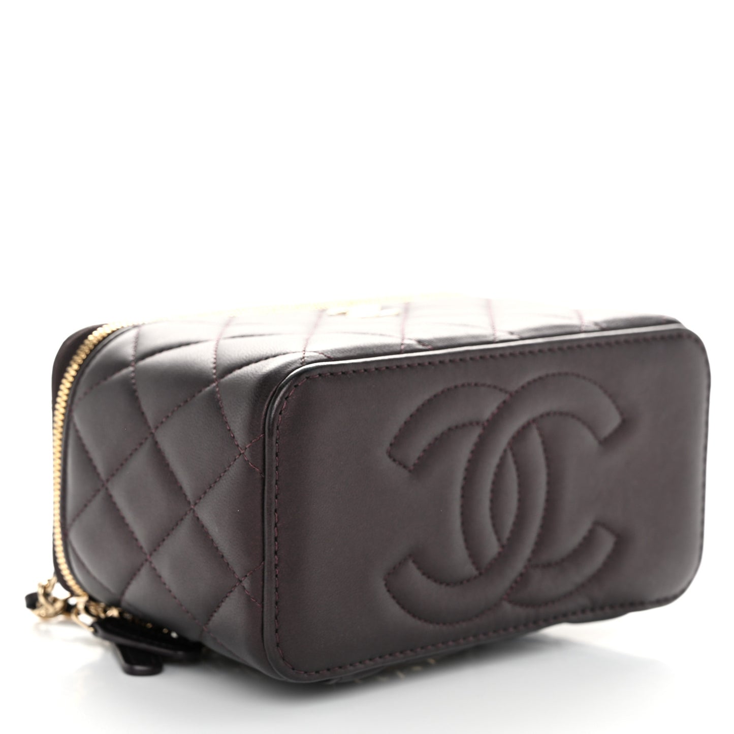 Iridescent Lambskin Quilted Small Top Handle Vanity Case With Chain Burgundy