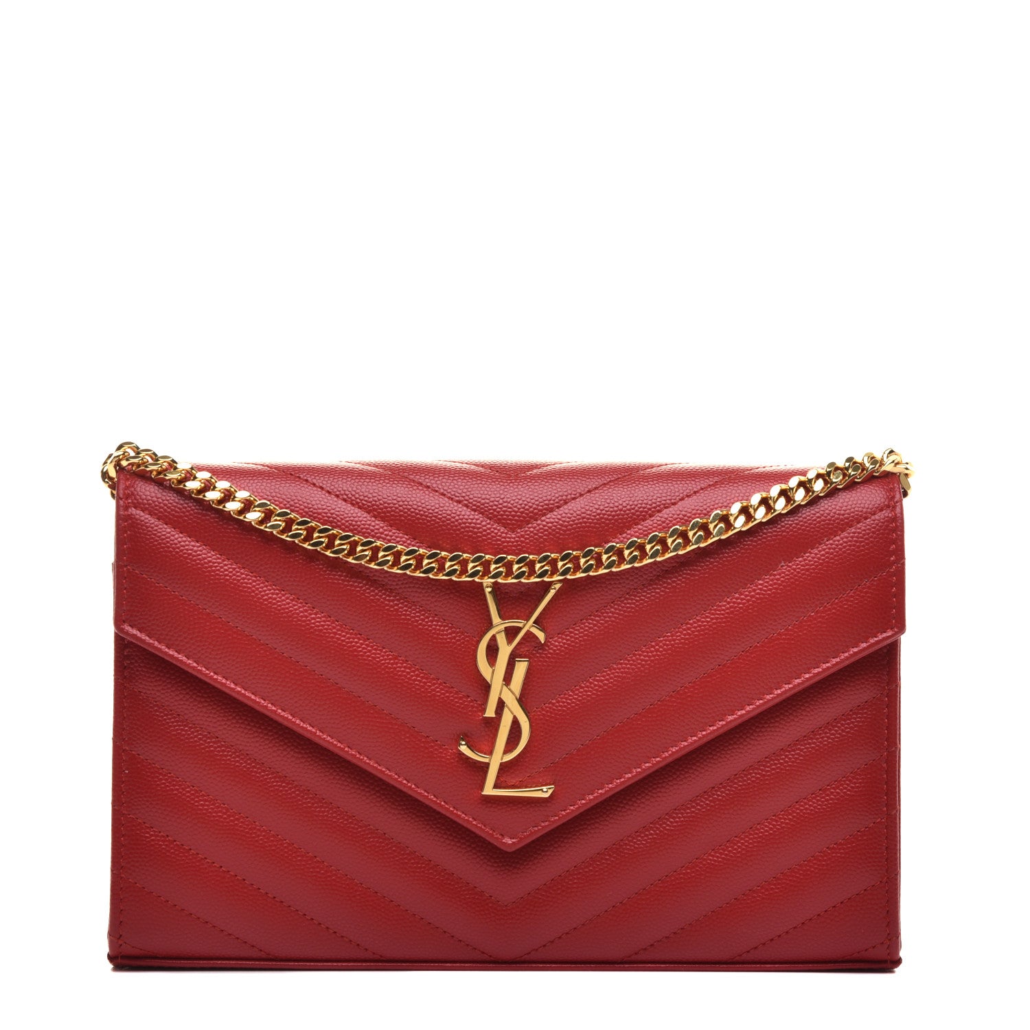 Saint Laurent Grain De Poudre Matelasse Chevron Monogram Chain Wallet New Red 1 of 12