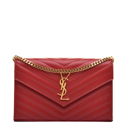 Saint Laurent Grain De Poudre Matelasse Chevron Monogram Chain Wallet New Red 1 of 12