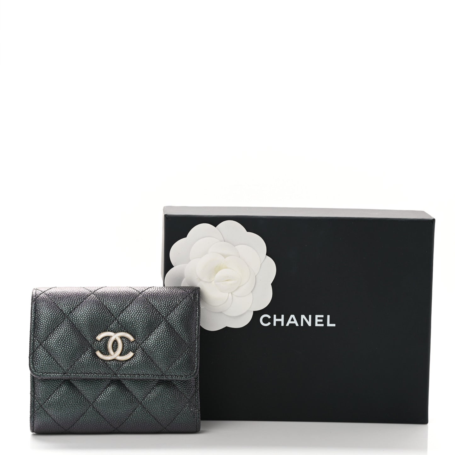 Iridescent Caviar Quilted Small Flap Wallet Black