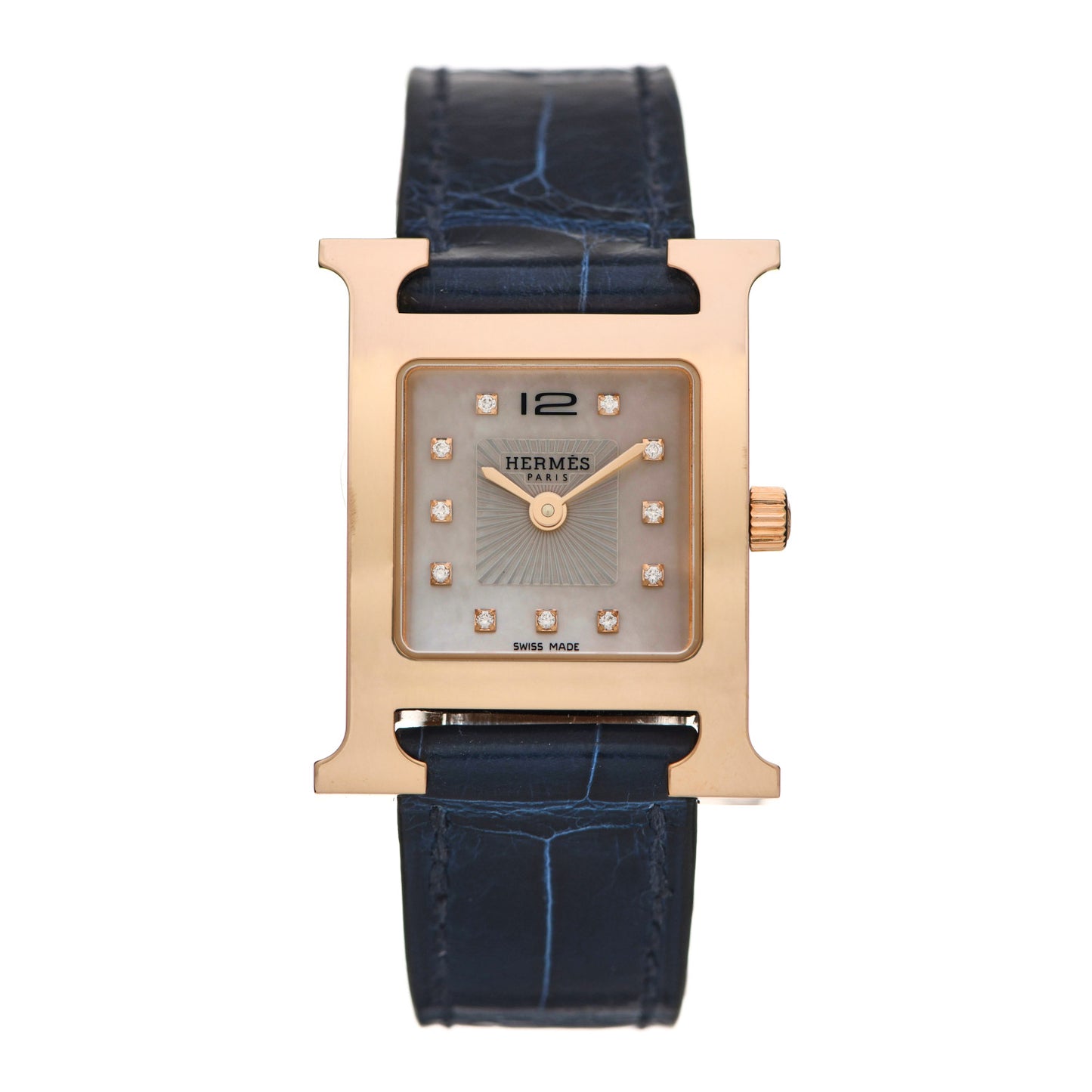 Stainless Steel Alligator Diamond Mother of Pearl 21mm Heure H Hour Quartz Watch Bleu Saphir