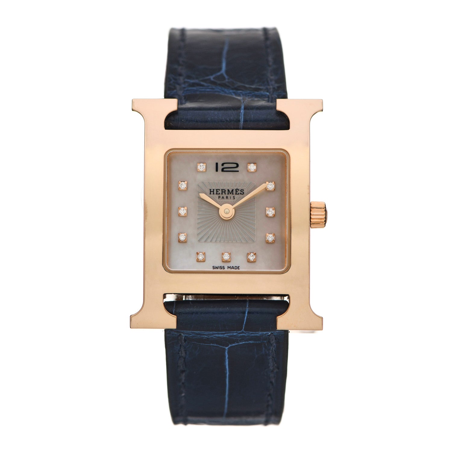 Hermes Stainless Steel Alligator Diamond Mother of Pearl 21mm Heure H Hour Quartz Watch Bleu Saphir 1 of 5