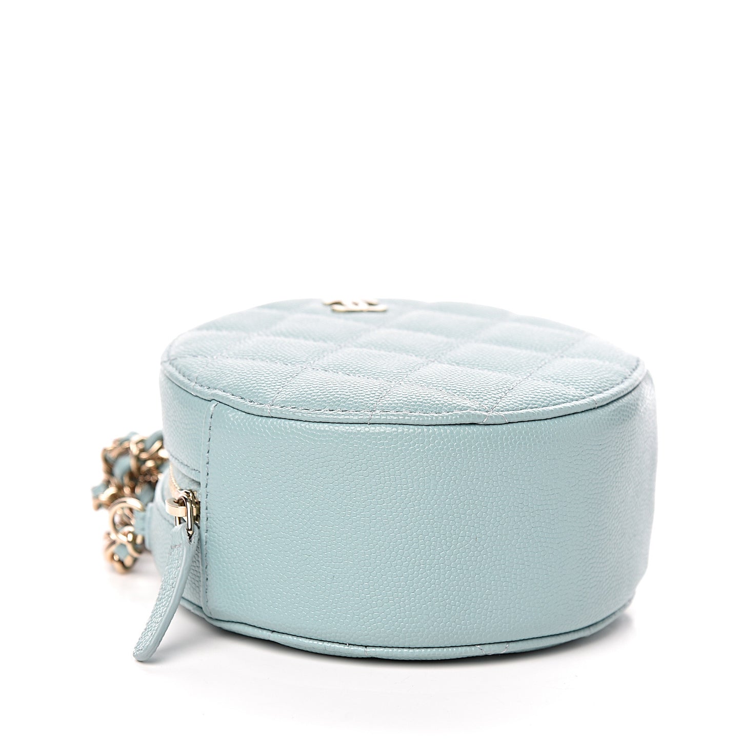 Caviar Quilted Round Clutch With Chain Light Blue