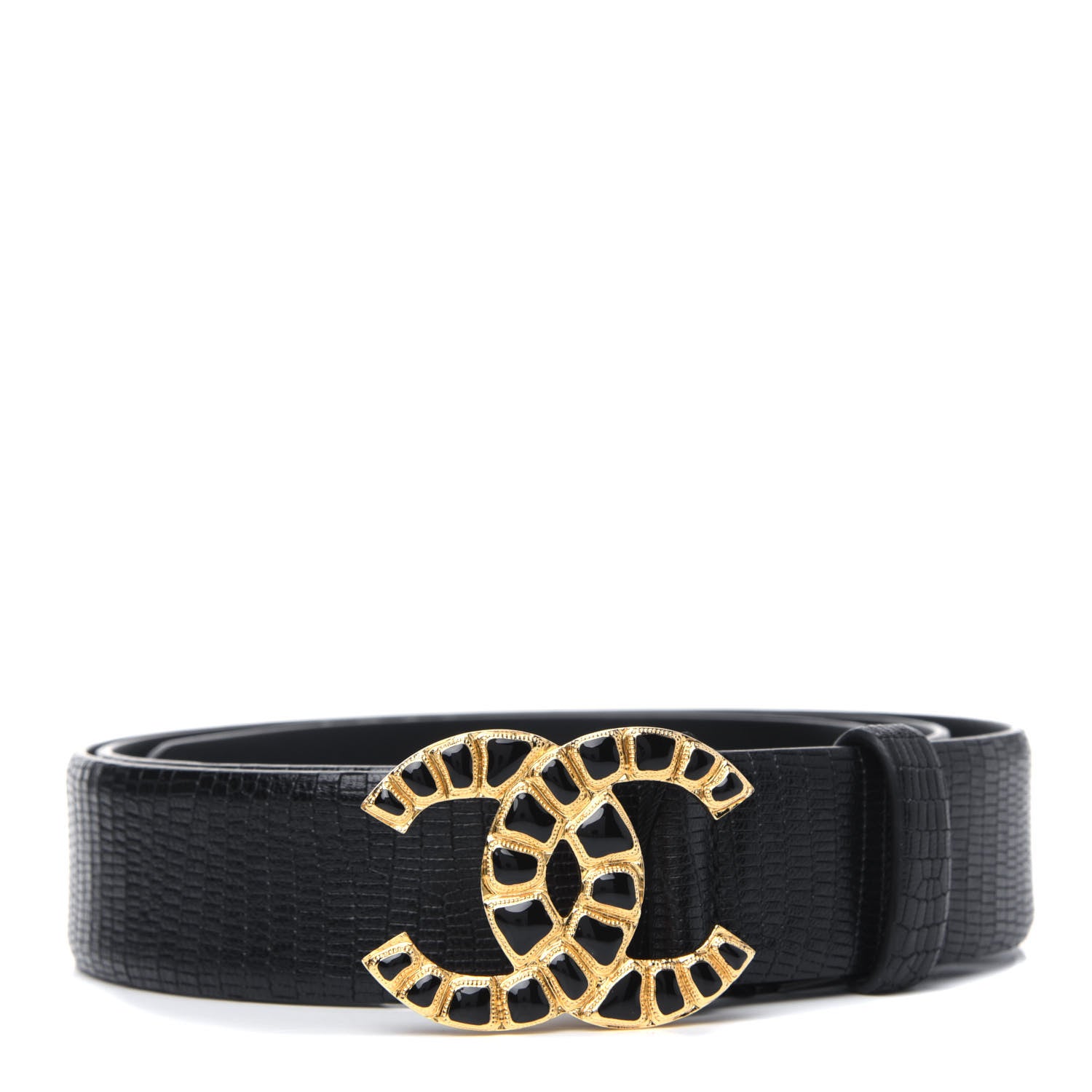 Chanel Lizard Embossed Calfskin Gripoix Poured Glass Along The Nile CC Belt 95 38 Black 1 of 3