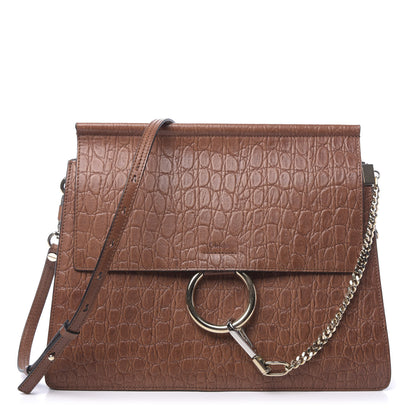 Chloe Calfskin Crocodile Embossed Medium Faye Shoulder Bag Mahogany 1 of 9