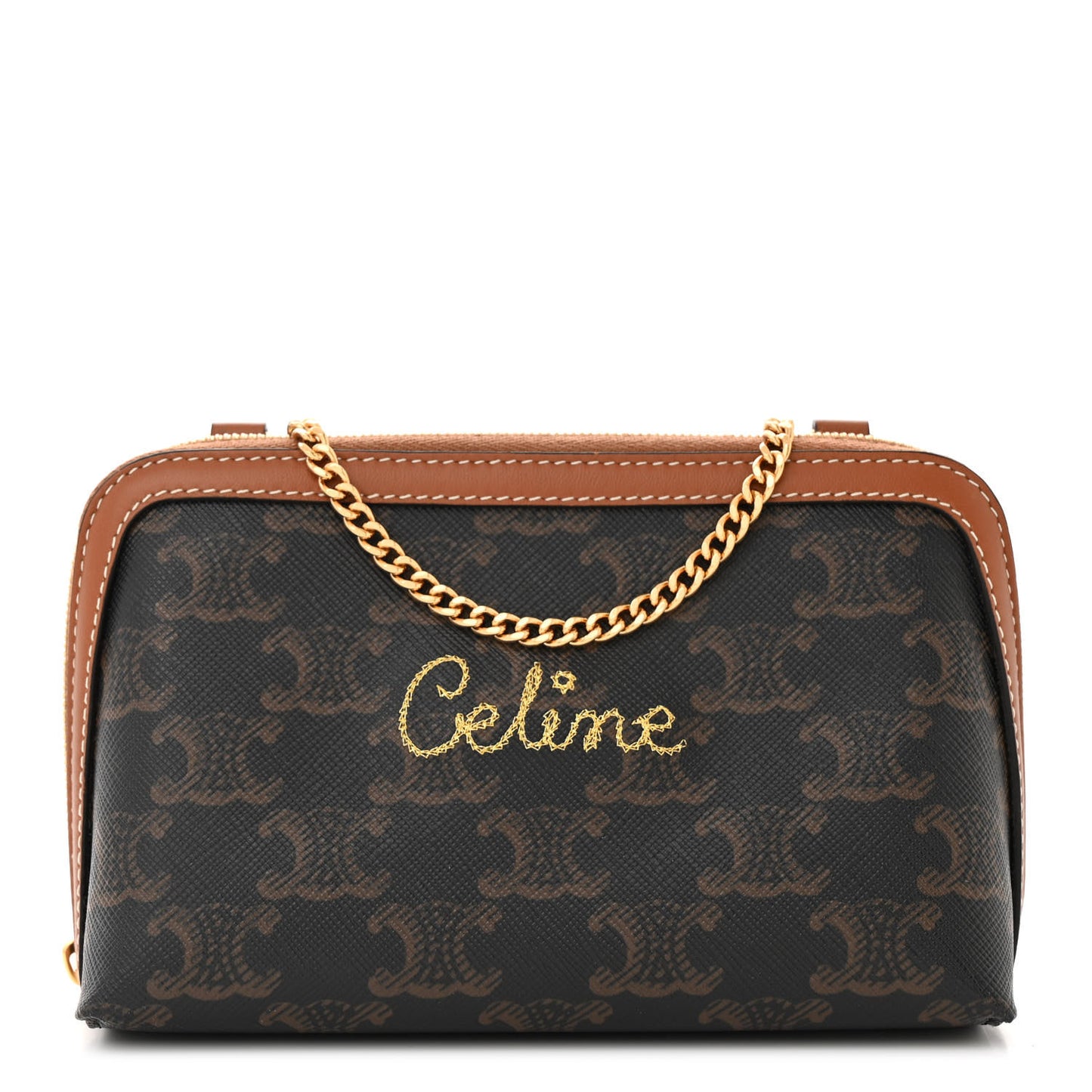 Lambskin Triomphe Canvas Embroidered Logo Clutch With Chain Tan