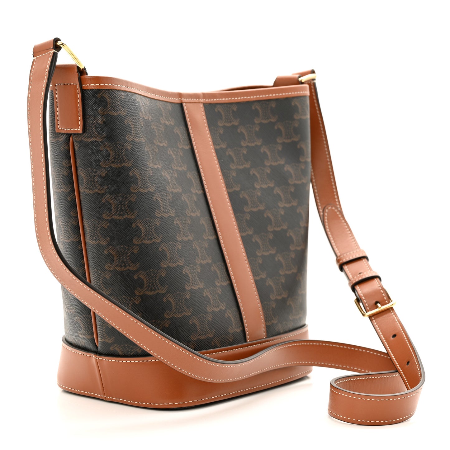 Triomphe Canvas Calfskin Small Bucket Bag Tan
